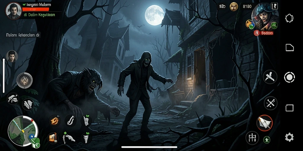 Screenshot gameplay 8180 menampilkan aksi menyeramkan di dalam kegelapan.