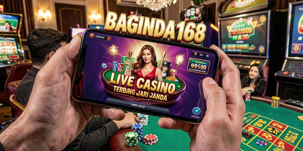 Screenshot utama BAGINDA168 menampilkan dealer live dalam permainan kasino.