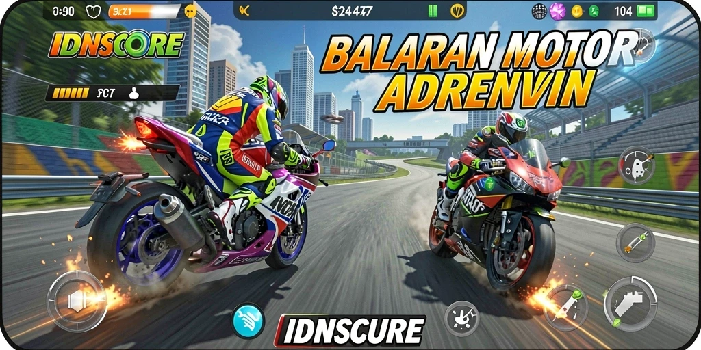 Screenshot gameplay <strong>IDNSCORE</strong> yang menampilkan balapan seru dan motor yang mengesankan.