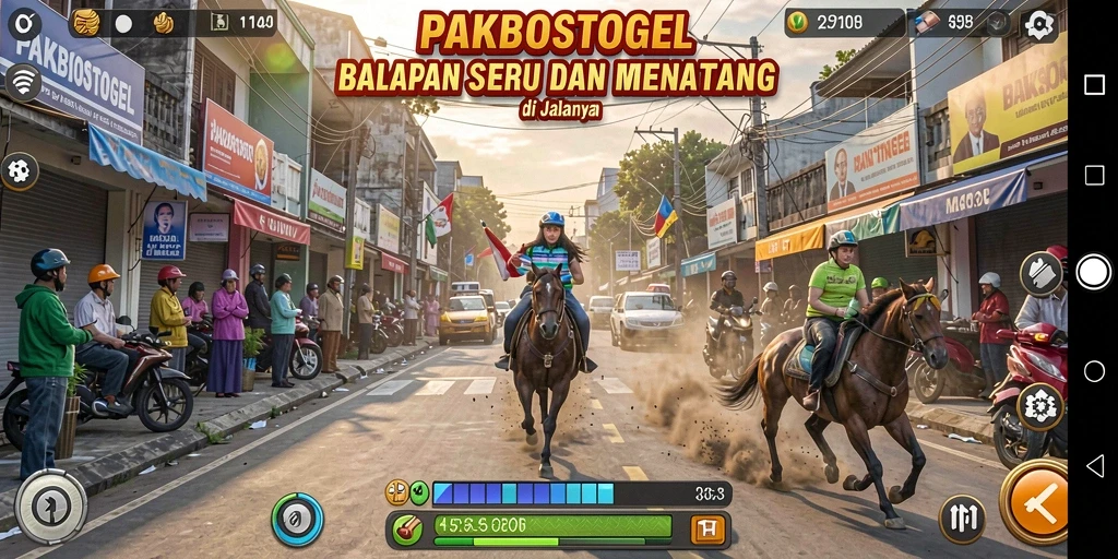 Tampilan gameplay PAKBOSTOGEL yang mendebarkan di trek balapan.