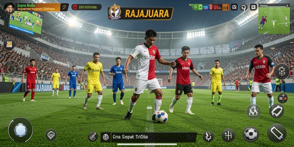 Tampilan gameplay seru di RAJAJUARA dengan aksi sepak bola yang mendebarkan.
