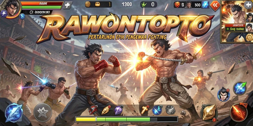 Gameplay RAWONTOTO menampilkan pertarungan seru antara karakter-karakter unik.