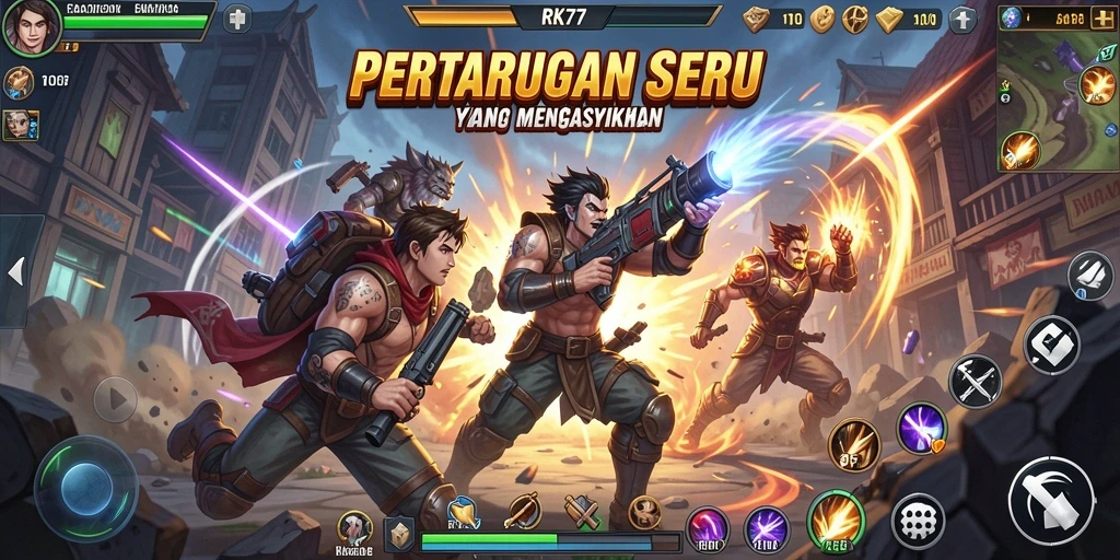 Tampilan gameplay seru RK77 yang menampilkan pertarungan intens.