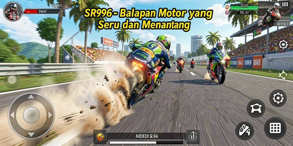 Tampilan screenshot gameplay yang menampilkan suasana balapan motor.