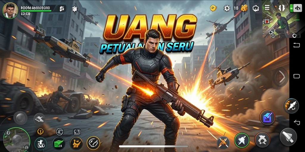 Screenshot utama UANG menampilkan aksi laga yang seru dan mendebarkan.