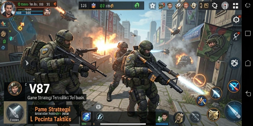 Screenshot V87 menampilkan aksi strategis yang seru dalam pertempuran.